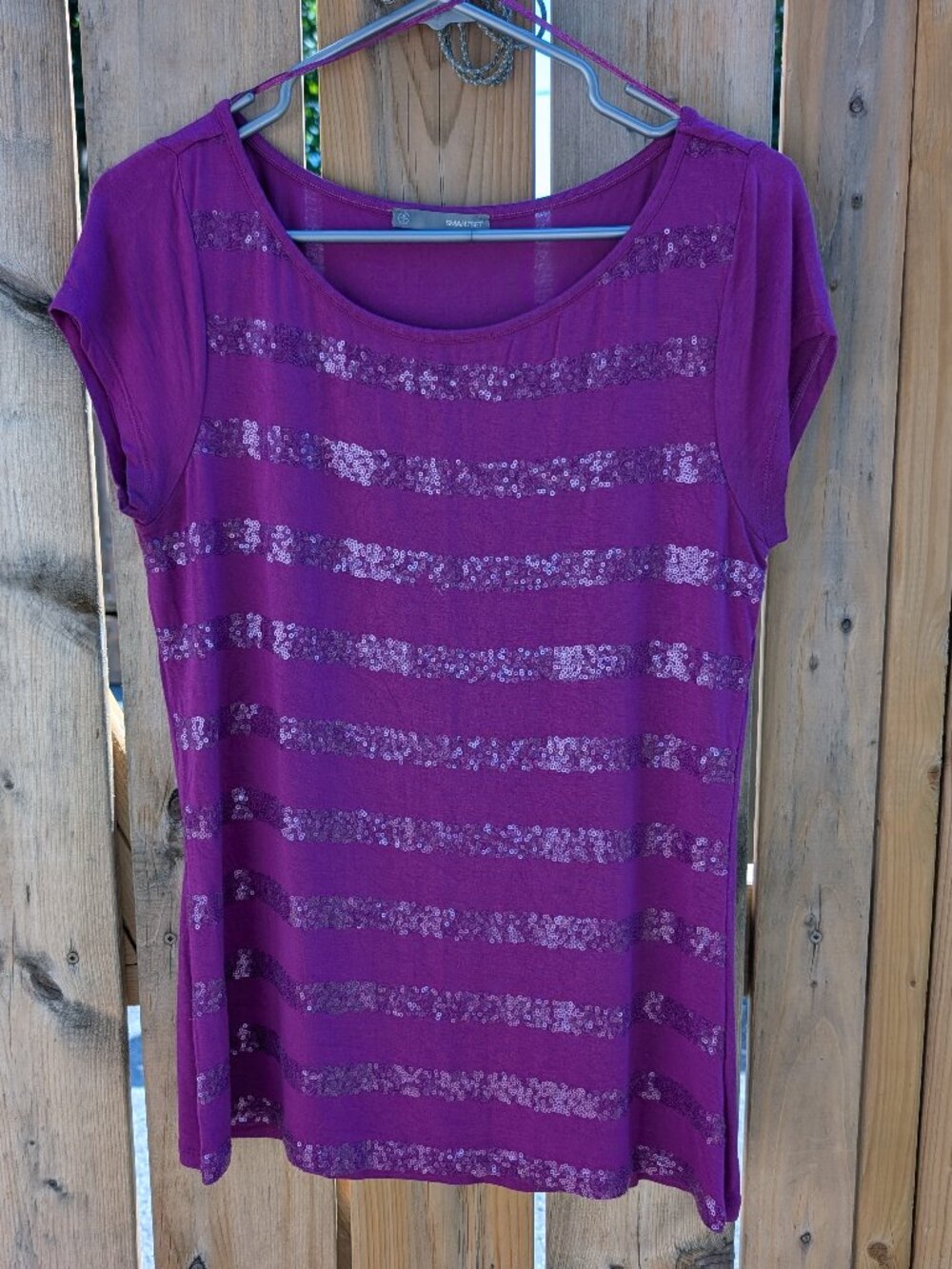 Smart Set - Pink Short Sleeves Tee with Sequins Stripes, Size Large